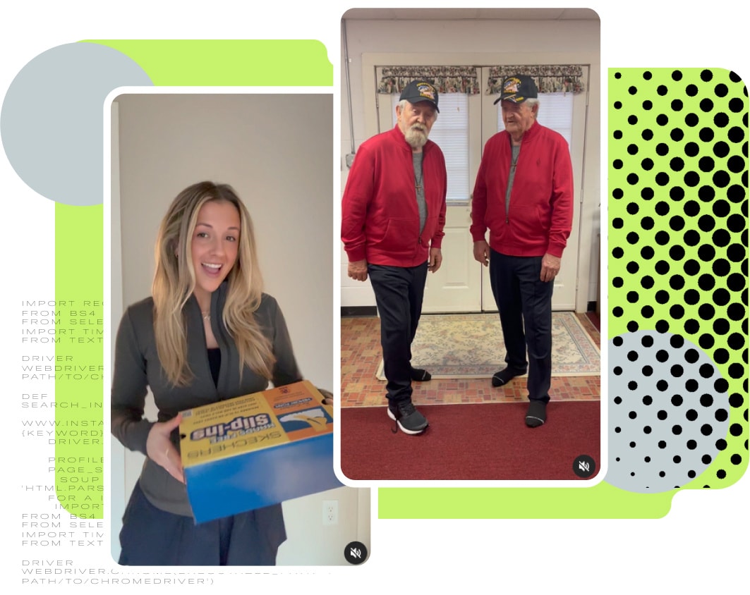 An image of a person holding a box of Skechers slip-ins and two people standing next to each other