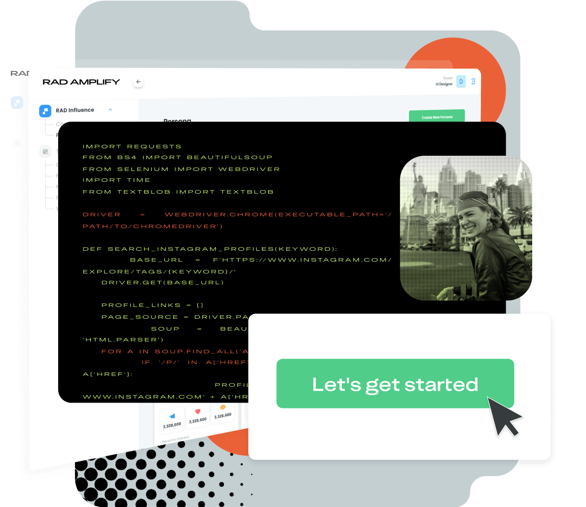 A code block with a let's get started button