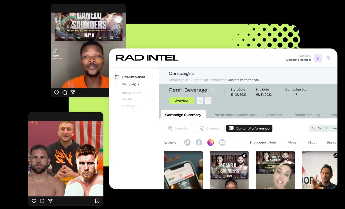 Screenshots of the RAD dashboard surrounded by screenshots of influencer content