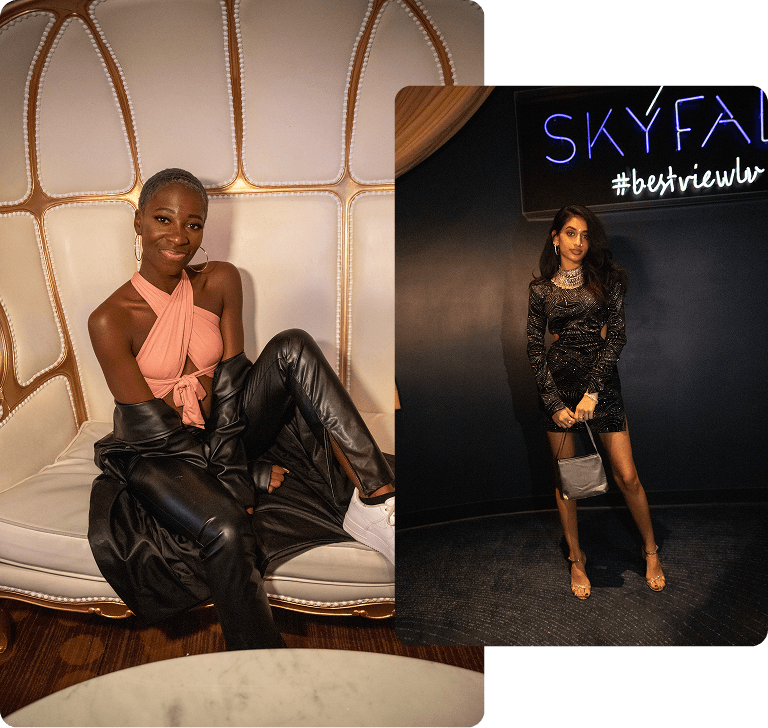 A person sitting on a white chair next to a image of a person standing with a purse