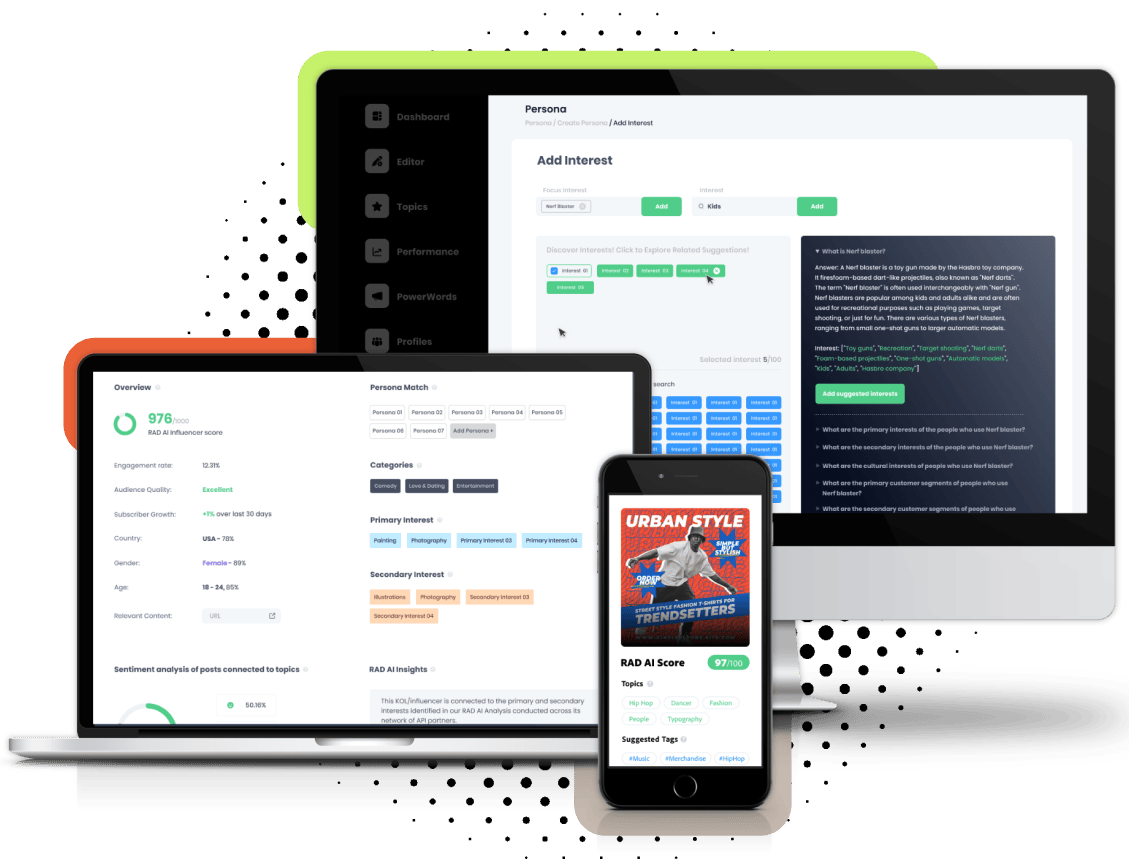 A desktop, laptop, and phone with the RAD dashboard on them