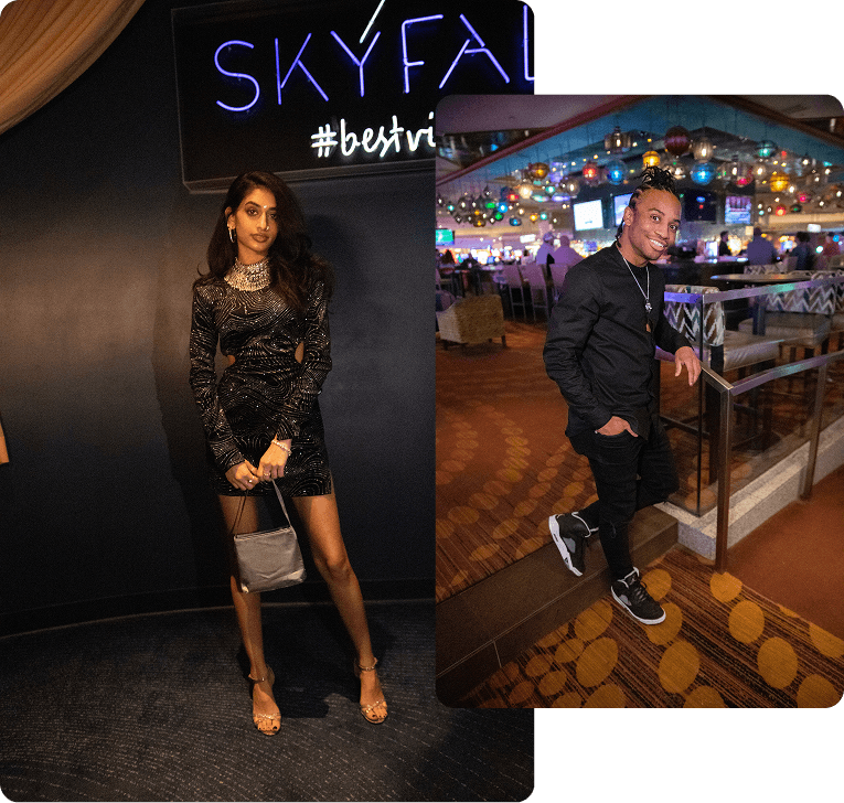 Two images with people standing in front of different MGM spaces